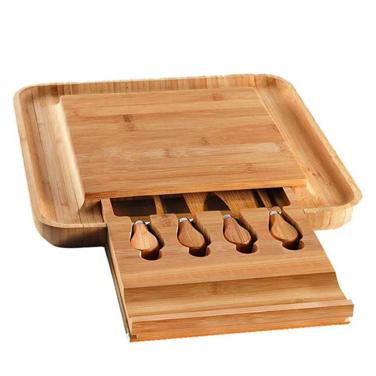 Totally natural solid wedding custom charcuterie compartment bamboo cheese board with cutlery set