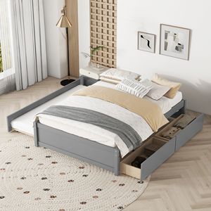 DB Solid Wood Modern Design Double <b>Bed</b> <b>Frame</b> in Grey Full <b>Bed</b> with <b>Twin</b> Size Trundle Two Drawers King Size for Home Bedroom Use - Product Image 1