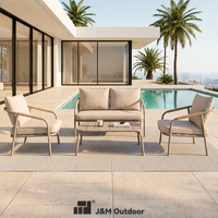 Ensemble de canapés d'extérieur J&M, petit ensemble de meubles de patio avec structure métallique, canapé de balcon avec coussins, causeuse et fauteuils pour terrasse et jardin