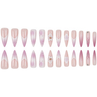 24pcs Kuku Palsu Almond Press On Pink White Ombre Dengan Bunga 3D & Rhinestone Kecil Elegan Buatan Tangan Dapat Digunakan Kembali