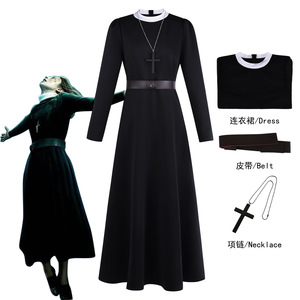 Disfraz de monja The Conjuring 2, vestido negro de manga larga para mujer con cinturón cruzado, disfraz de Halloween para cosplay - Product Image 3