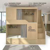 Lit superposé capsule en panneau de particules sur mesure avec escalier de rangement, tiroirs et rideau d'intimité pour auberge de jeunesse et dortoir