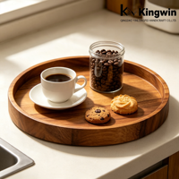 Plateau de service rond en bois d'acacia, design classique, multifonctionnel, empilable, de qualité alimentaire, pour table basse, collations, décoration de cuisine