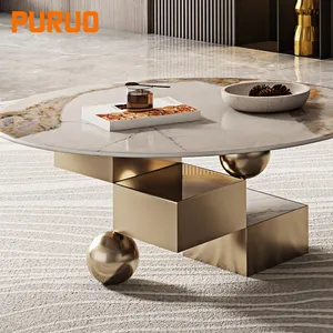 PURUO design furniture home luxury set gold stainless steel sintered stone coffee table