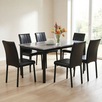 Ensemble de table à manger minimaliste en marbre avec 6 chaises en cuir PU à surpiqûres verticales pour une décoration intérieure contemporaine