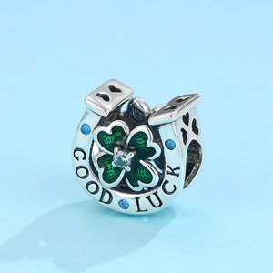 Abalorio de Plata de Ley S925 con diseño de Herradura de la Buena Suerte y Trébol con Esmalte Verde, con Circonita Cúbica y Zircón Azul, para Pulsera, Regalo para Mujer - Product Image 4