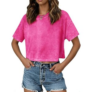 Camiseta Corta FOXA para Mujer, Lavado Ácido, Algodón, Color Sólido, Básica, Vintage, Holgada, Manga Corta - Product Image 4