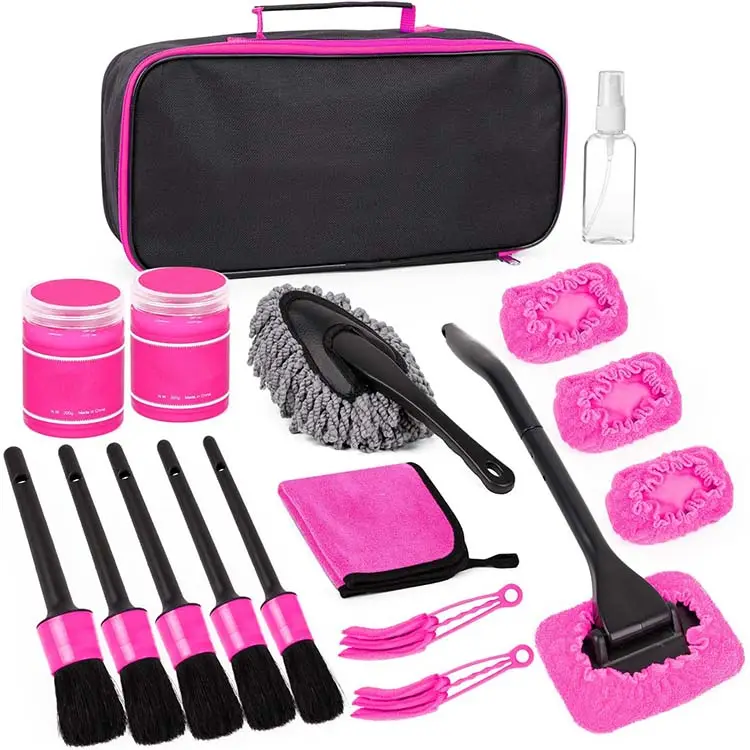 17 pcs Perfect Pink Car Duster Interior Brush Detailing Kit for Cleaning Windows car cleaning set portable car wash kit