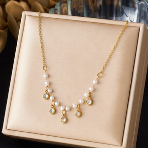 Faux Pearl Chain Necklace Gold Plated Bezel Set Crystal Everyday Wear - Product Image 1