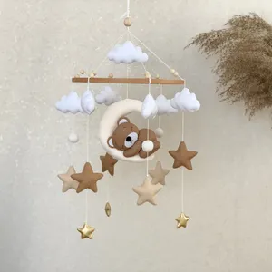Unisex Baby Shower Gift Neutral Beige Cloud Star Moon Felt Sleeping Bear Wooden Crib Baby Mobile For Nursery