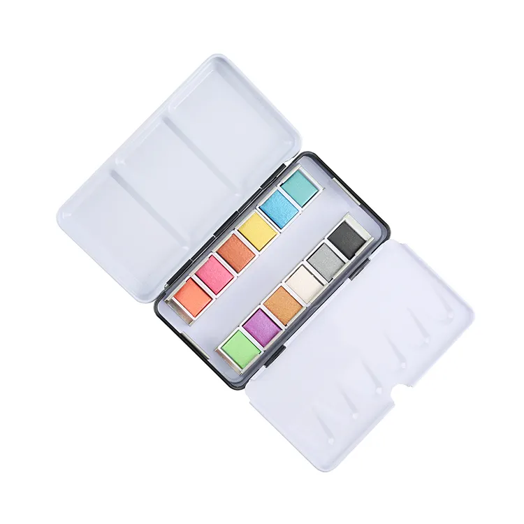 Premium Quality 12 24 36 Pearlescent Colors Watercolor Solid Paint With Water Brush Pen Tin Box