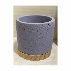 Cement pot concrete grey desktop planter with bamboo wood base.