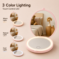 Miroir de Maquillage Compact LED Rechargeable Double Face en Gros, 3 Couleurs Dimmables, HD, Mini Miroir de Voyage Pliant de Poche, Logo Personnalisé