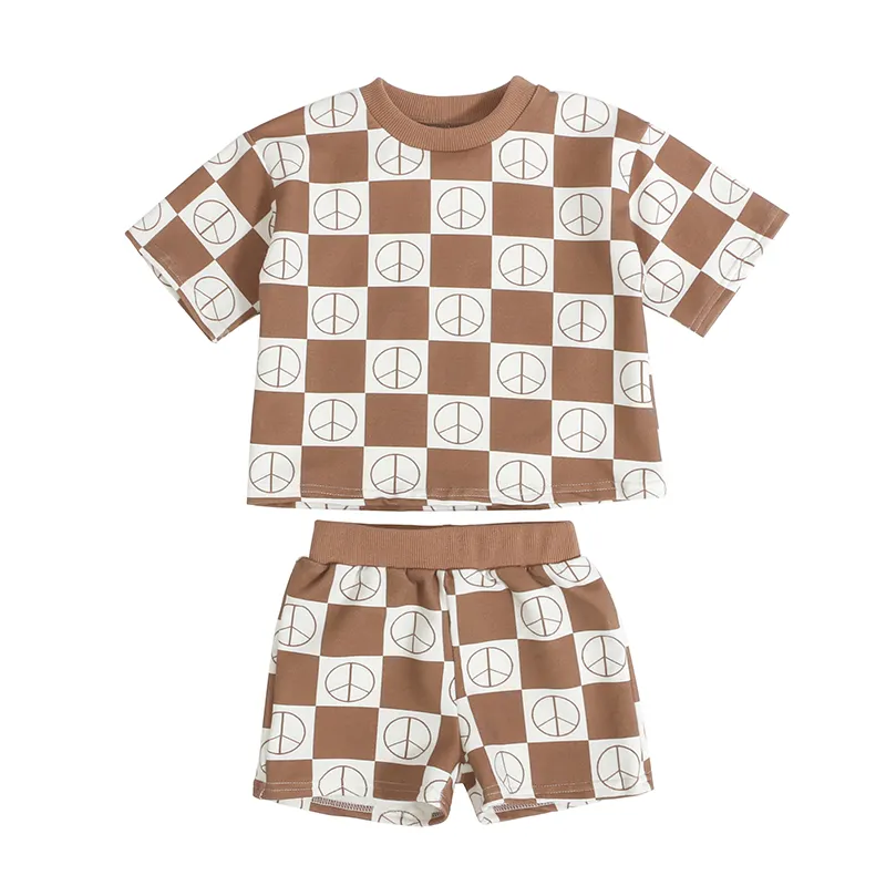 Hot Sale Organic Cotton Short Sleeves Baby Sweatsuits Newborn Casual Check Children Clothing Outfits Sets Kids Tracksuit Set