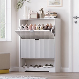 Organisateur de chaussures fin en bois blanc à rainures, étagères réglables, porte-chaussures avec 2 tiroirs rabattables, rangement ouvert pour entrée, couloir - Product Image 1