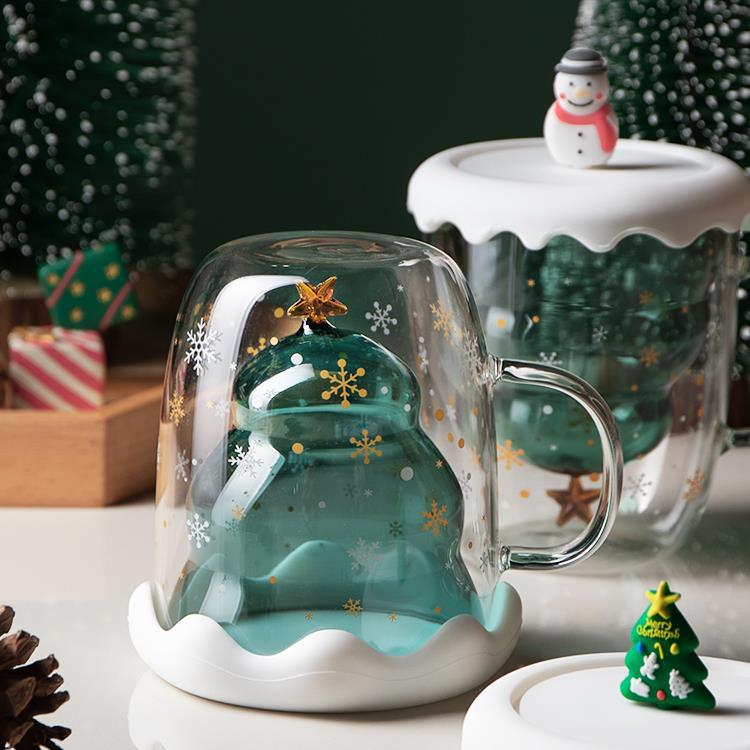 Borosilicate Glass Christmas Gifts Mugs Heat-resistant Double Wall Glass Christmas Tree Design Drinking Cups