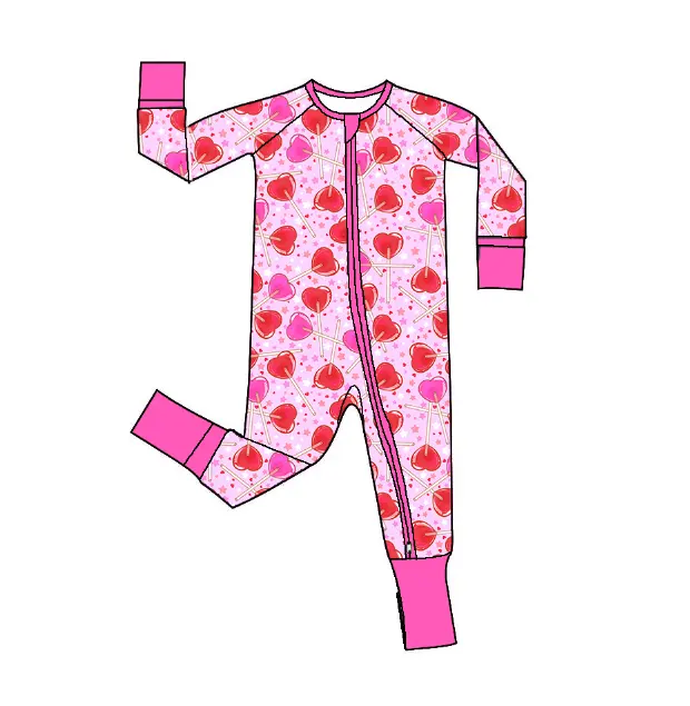 Custom Candy Heart Print Bamboe Tweeweg Baby Rits Onesies Slaper Pyjama Baby Romper