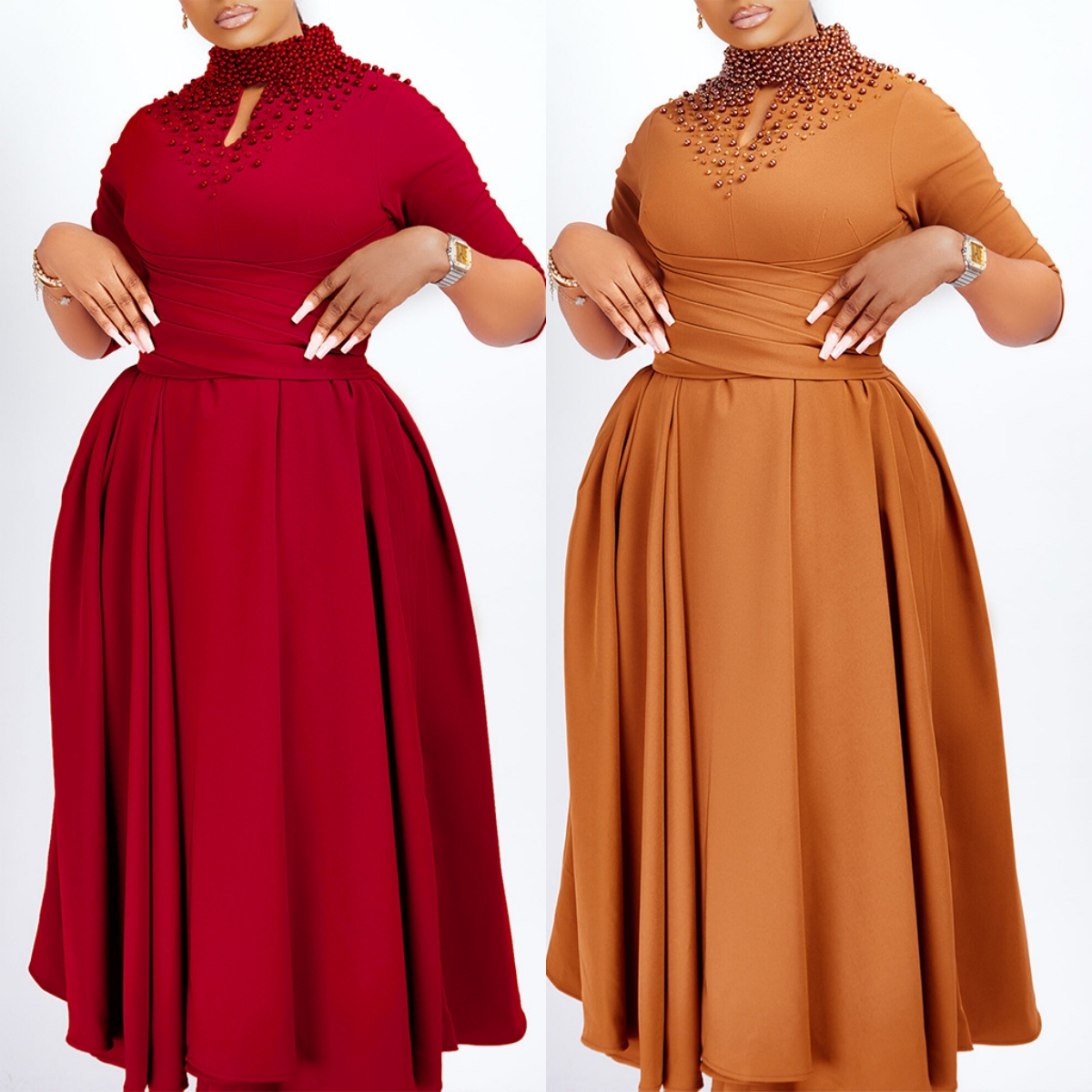 D454 Nova Chegada Cor Sólida Maxi Vestidos Roupas Femininas Atacado O Pescoço Manga Longa Plus Size Vestidos Femininos