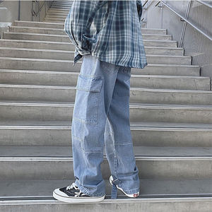 Pantalones vaqueros holgados rectos al por mayor para hombre, jeans personalizados de moda casual para hombre, pantalones de mezclilla de cintura media, jeans cargo de color sólido con costuras. - Product Image 6