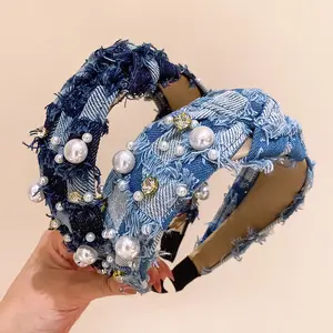 Fascia di perle coreane, senso del design creativo femminile estivo, fascia a tesa larga in denim, fascia per capelli alla moda, accessori per capelli