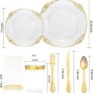 Service de table jetable de luxe en plastique gaufré or pour 10 invités avec assiettes, couverts, gobelets et serviettes pour mariage et réceptions - Product Image 4