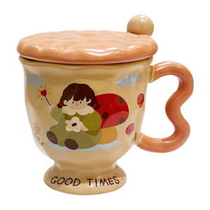 Mug en céramique avec couvercle et cuillère, motif dessin animé, pour femmes, usage domestique et bureau, collection Printemps 2025, HY-009 - Product Image 3