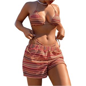 Women's 3 Piece Striped <b>Bikini</b> <b>Set</b> Halter <b>Triangle</b> Top With Shorts Vintage Swimwear Beachwear Stretch Spandex Polyester - Product Image 1