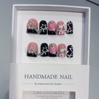 Lot de 10 faux ongles courts French Manucure, faits main, avec motifs étoile en cristal, nœud et perles roses, 3D, autocollants, rose vif