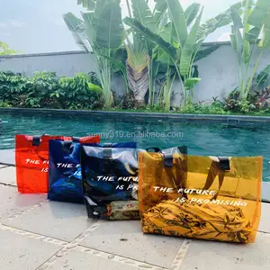 Bolso de compras transparente de Pvc, bolsa de gran capacidad, para playa, mar, Azul, Naranja, con asa para el hombro