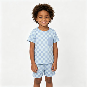 Conjunto de dos piezas de verano para niños pequeños, camiseta de manga corta a cuadros azul con pantalones cortos, conjunto suave para uso diario - Product Image 1