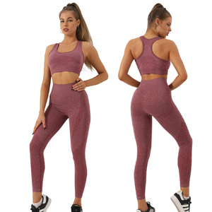 Femmes européennes américaines printemps été Fitness deux pièces <span class=keywords><strong>ensemble</strong></span> respirant sans couture tricoté soutien-gorge gilet pantalons longs hanche ascenseur Yoga - Product Image 5