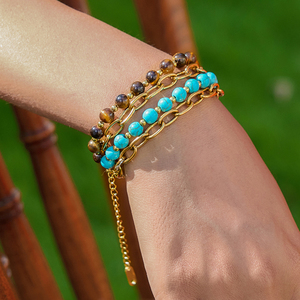 Moda delicada 18K <span class=keywords><strong>oro</strong></span> Acero inoxidable 2 piezas Ojo <span class=keywords><strong>de</strong></span> Tigre turquesa empanado pulsera amor turquesa mano cadena pulsera - Product Image 2