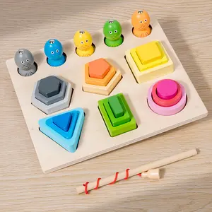 Houten Puzzel Speelgoed Vorm Matching En Kleurherkenning 3d Vissen Geometrie Puzzel Bord