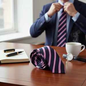 <b>Navy</b> Blue Pink Striped Classic Italian Pattern Handmade <b>Tie</b> - Product Image 3