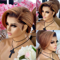 Perruques Lace Front en Cheveux Humains du Vietnam, Couleur Noir Naturel, Ondulation Water Wave, Coupe Pixie Courte, Pré-épilées, Nœuds Blanchis