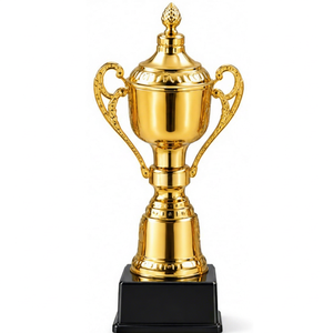 Gold <b>Trophy</b> Cup with Ornate Handles and Black <b>Base</b> for Competition - Product Image 1