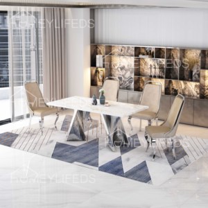 Neuerscheinung Luxuriöses Zeitgenössisches Rechteckiges Edelstahl-Marmor-Esstisch-Set für Hotels Apartments 6-Sitzer - Product Image 5