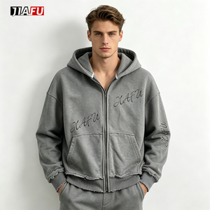 500gsm Men's Hoodie Zip up Acid Washed Print Custom Vintage Distressed Fleece Pullover Grunge Rock Streetwear <strong>Top</strong> Wholesale OEM - Product Image 2