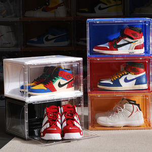 M size foldable transparent clear stackable drop front plastic magnetic storage sneaker shoe show box