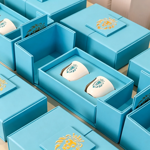 Boîte cadeau élégante bleue à double <span class=keywords><strong>porte</strong></span> avec impression dorée personnalisée pour tasses à thé, emballage pour cadeaux d'entreprise VIP - Product Image 3