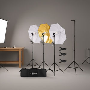 Kit d'éclairage photographique de studio 45W or translucide et noir avec support de fond en tissu non tissé, parapluie et ampoule modèle - Product Image 2