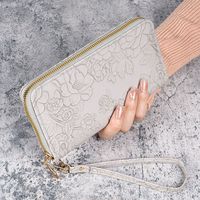 Dompet Panjang Wanita Motif Bunga Embos PU, Dompet Clutch Mewah, Dompet Passport Fashion, Tempat Kartu Desainer dengan Tali Pergelangan Tangan