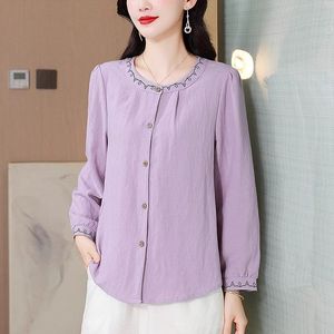 Linen <b>Shirt</b> Women Long Sleeve Embroidered Navy Blue Solid Color Vintage Style Everyday Wear Cotton Fabric ZY-701 - Product Image 2