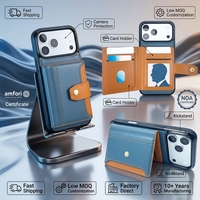 Étui portefeuille en cuir bleu et marron avec fermeture à pression, poche pour carte d'identité, béquille intégrée et protection complète de l'objectif pour iPhone 15 Pro Max