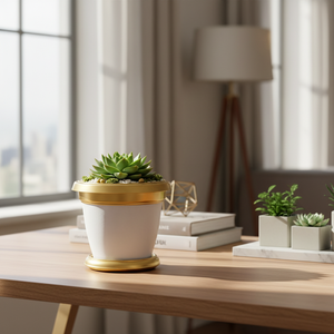 White Gold Flower Pot Private Label Decorative <b>Plastic</b> Garden <b>Planter</b> Luxury Style Hand Painted Desktop Plant Pot - Product Image 3
