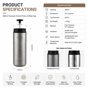 Tasse à café en titane pur de 480 ml, à double paroi isolée, avec filtre réutilisable pour la préparation du café en camping en plein air - Product Image 6