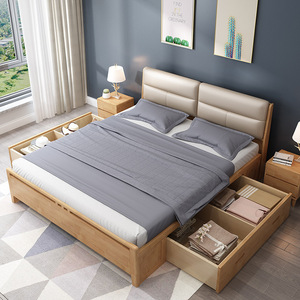 Hengke Furniture Solid Wood Bed 1.5m 1.8m Modern Minimalist <b>Storage</b> Pneumatic Headboard Bedroom Furniture - Product Image 2
