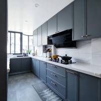 Meuble de cuisine moderne et minimaliste gris foncé à grain de bois, avec îlot de cuisine ouvert, pour la rénovation complète de la maison