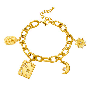 Fashionable Gold Plated Stainless Steel Chunky Chain Bracelet With Moon Star Charms Geometric Design Gift Jewelry - Product Image 5