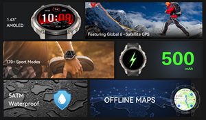 <span class=keywords><strong>Nouvelle</strong></span> montre intelligente robuste de sport en plein air DM59 avec carte hors ligne intégrée, GPS, IP69K, 5ATM, écran AMOLED, boussole, altimètre, baromètre et SOS - Product Image 4